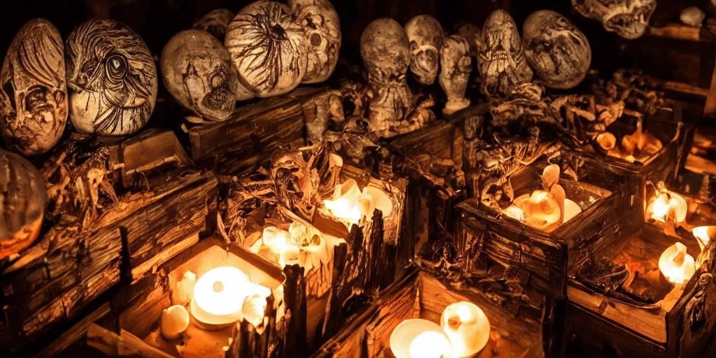 Image similar to a large old wooden cabinet full of extremely detailed scary alien eggs, burning candels in front, beautifull low light