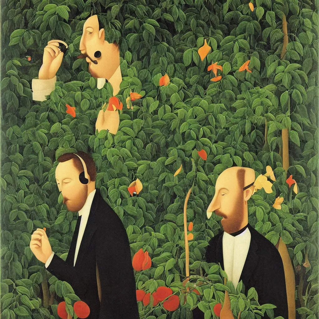 Image similar to i, a man wearing headphone and playing his iphone, by henri rousseau