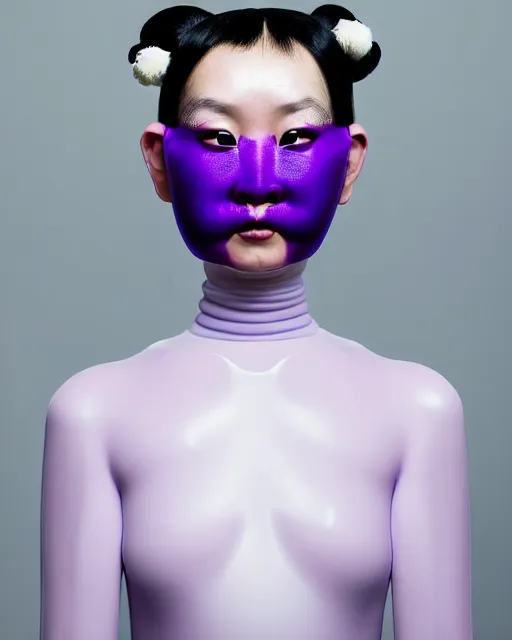 Image similar to symmetrical portrait of an asian woman wearing a silicone embroidered purple beauty mask and white hair buns, wearing a black bodysuit by alexander mcqueen, cream white background, soft light, biotechnology, humanoide robot, bjork aesthetic, translucent, by rineke dijkstra, intricate details, highly detailed, masterpiece,