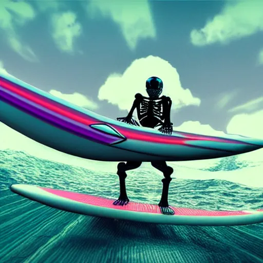 Image similar to skeleton on a surfboard over a psychedelic wave unreal engine