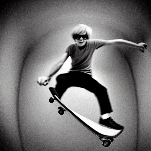 Image similar to “ a highly detailed photo of andy warhol skateboarding, fisheye lens, sharp focus, award winning, 8 k ”