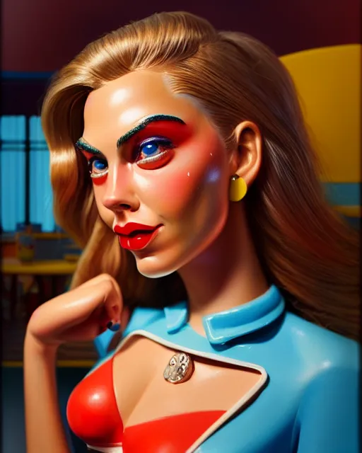 Image similar to closeup profile face profile portrait of a tin toy cara delevigne as a waitress in a diner, bikini, hyper realistic, artstation, illustration, concept art by dan decarlo, digital paint, matte paint, vivid colors, bright, cheerful, detailed and intricate environment