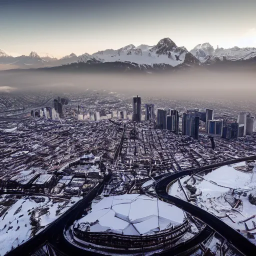 Prompt: a modern city on the top of a snow mountain