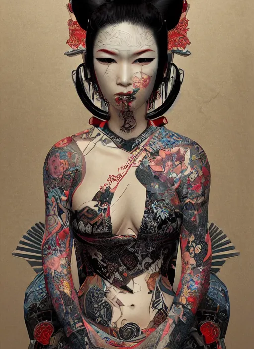 Image similar to portrait of a seductive cyberpunk geisha yakuza, imari, modern fine art, fractal, in the style of ex - machina, intricate ornaments, elegant, highly detailed, digital photography, subsurface scattering, by mc escher and greg rutkowski,