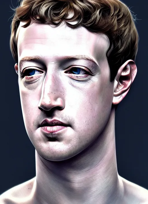 Prompt: mark zuckerberg as male android!!!, pale, lifeless, dead eyes, portrait, intricate, elegant, highly detailed, digital painting, artstation, concept art, wallpaper, smooth, sharp focus, illustration, art by h. r. giger and artgerm and greg rutkowski and alphonse mucha