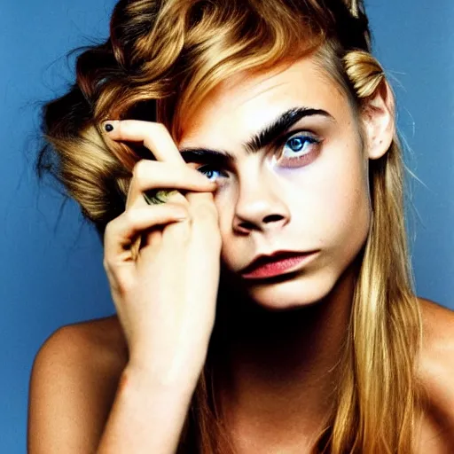 Prompt: photo of a gorgeous 20-year-old Cara Delevingne 1980s punk hairstyle by Mario Testino, detailed, head shot, award winning, Sony a7R -