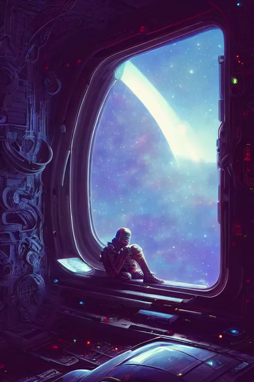 Prompt: nomad, sad in spaceship, gazing at view of galaxy in space through a window, intricate detailed environment, photorealistic!, octane render, mechanical, concept art, cinematic lighting, digital art, interstellar, hyper realism, sharp, cyberpunk, 8 k, de dia los muertos. by angus mckie, moebius, maciej kuciara