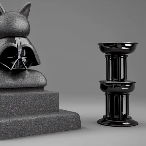 Image similar to 3 d rendered hyper realistic hyper detailed black cat wearing a cat - shaped darth vader helmet standing on a cat tower, octane render, blender, 8 k