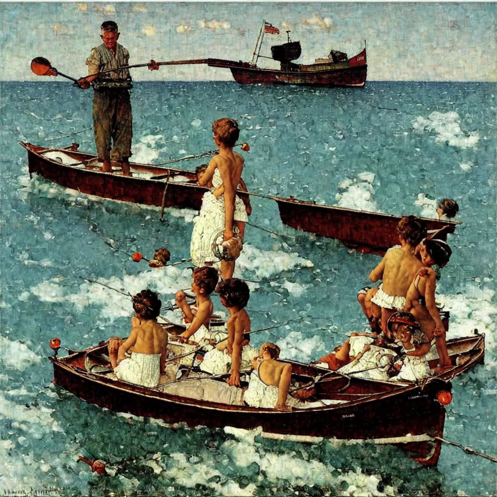 Image similar to a boat on the sea, oil on canvas, by norman rockwell