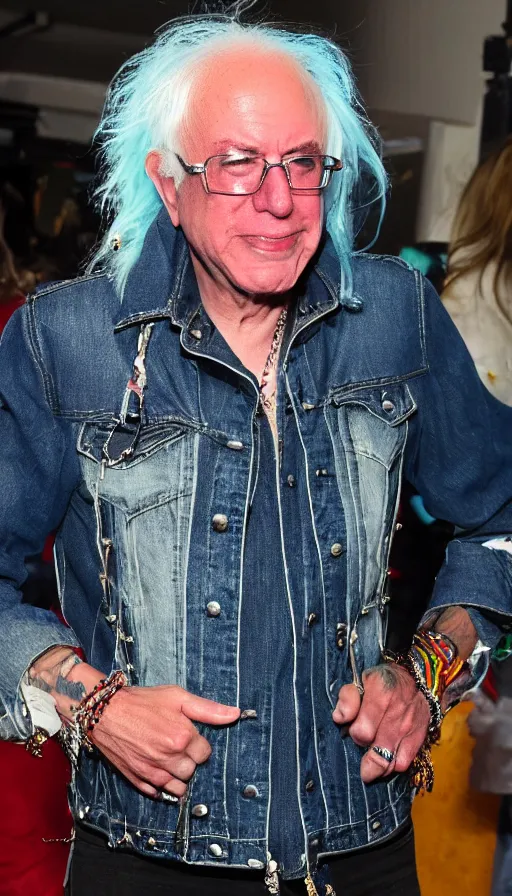 Prompt: Famous heavy metal glam rocker Bernie Sanders with a neon mohawk, ripped denim jacket and lots of jewelry