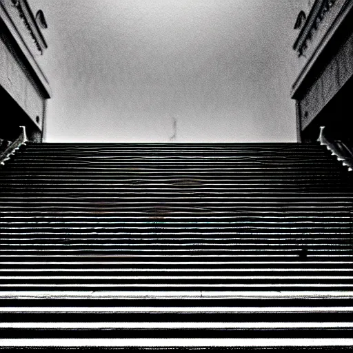 Image similar to black and white surreal photograph, highly detailed vast space made of stairsteps, sideview, detailed textures, natural light, mist, architecture photography, film grain, soft vignette, sigma 1 4 mm f / 1. 4 1 / 1 0 sec shutter, imax 7 0 mm footage