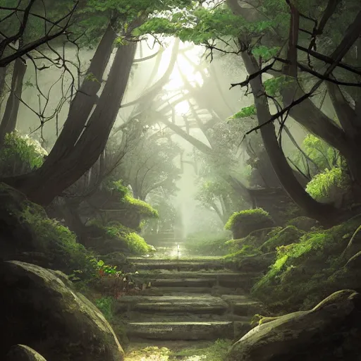 Prompt: concept art by sylvain sarrailh of a haunted japan temple, a short stone path stairs, asiatic forest