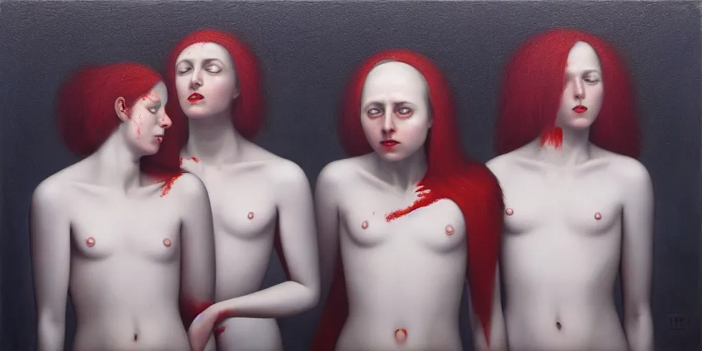 Prompt: the three fates, pain, pleasure, suffering, adventure, love, abstract oil painting by gottfried helnwein