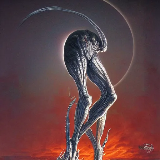 Image similar to the eclipse from berserk, creepy, melting, since, horror, art by wayne barlowe, giger, artgerm