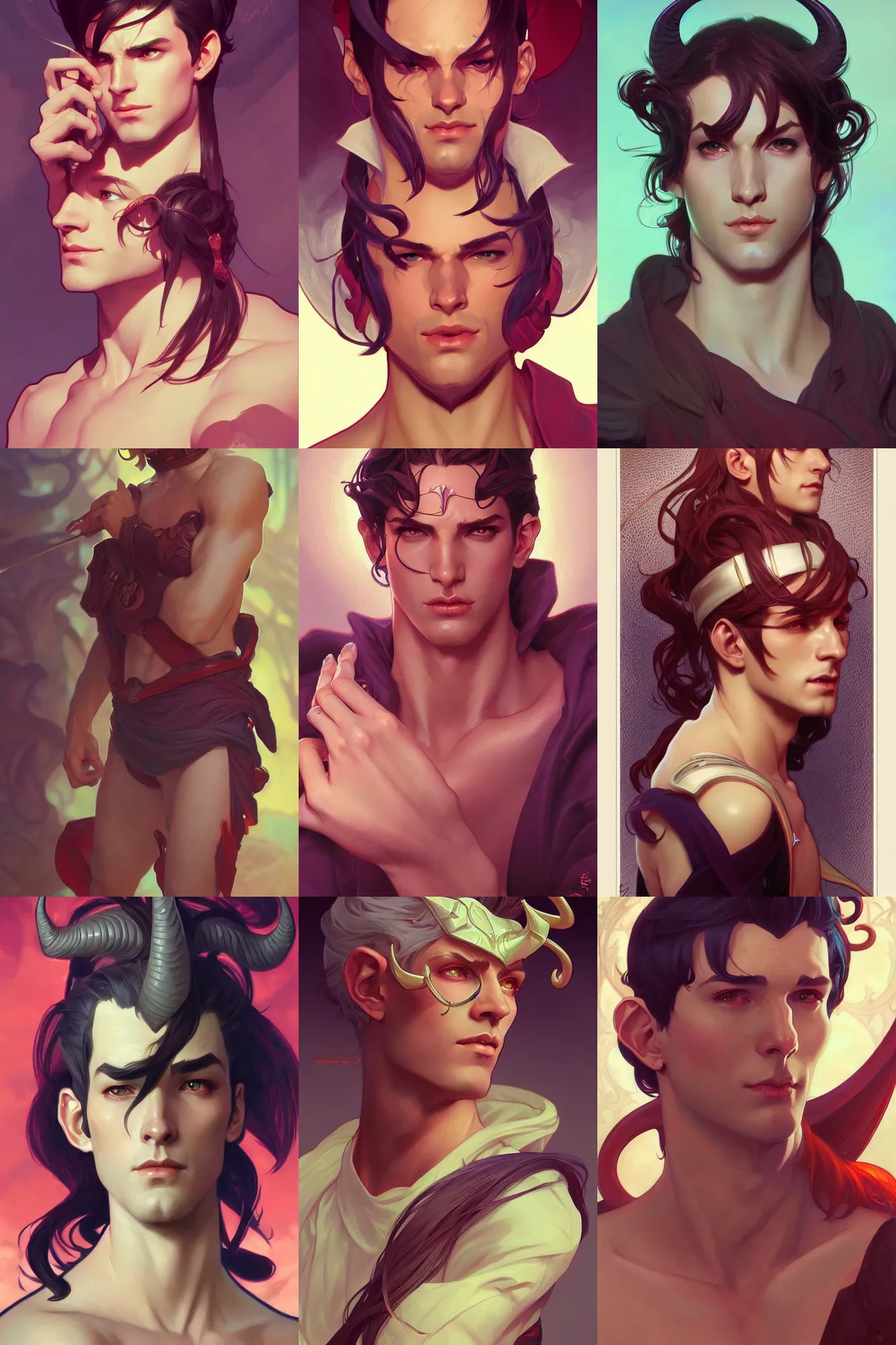 Prompt: a beautiful male tiefling, highly detailed, digital painting, artstation, concept art, smooth, sharp focus, illustration, art by artgerm and alphonse mucha, high definition digital art, in the style of ross tran and ilya kuvshinov