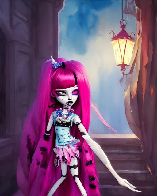 Image similar to watercolor portrait of monster high draculaura doll, stephen bliss, unreal engine, by greg rutkowski, loish, rhads, makoto shinkai and lois van baarle, ilya kuvshinov, rossdraws, global illumination, radiant light, detailed and intricate environment, watercolor lighting