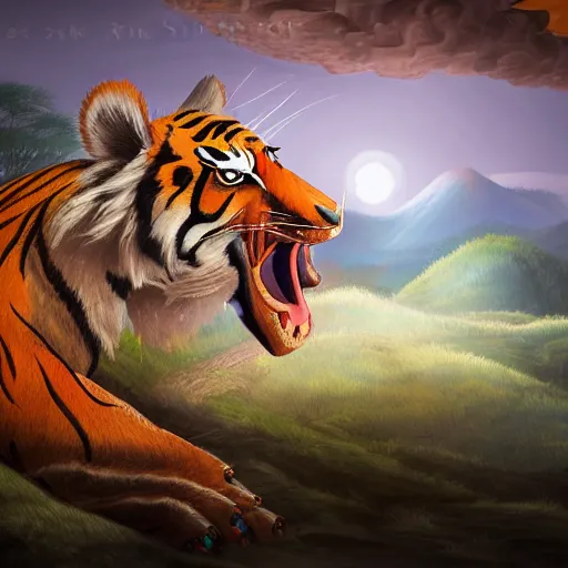 Image similar to a huge tiger and dragon is in the middle of the mountain, Style of korean traditional folktale painting by Shin Yun-bok; colorfully lit; Sin Yun-bok ;Kim Hong-do; 8K 3D 8k resolution deviantart DSLR Flickr trending on Artstation VRay