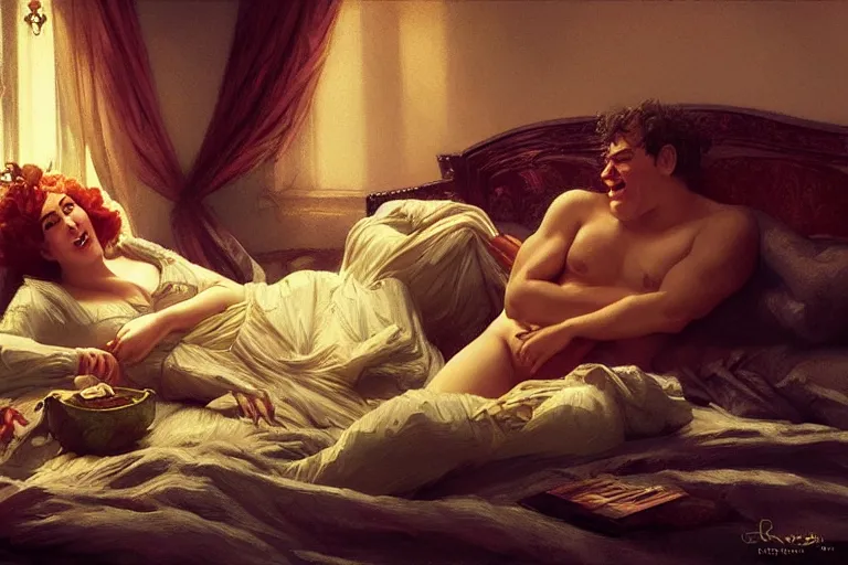 Image similar to russian poet alexander pushkin and shrek lying in bed together, portrait, highly detailed, digital painting, artstation, concept art, smooth, sharp focus, illustration, cinematic lighting, art by artgerm and greg rutkowski and alphonse mucha