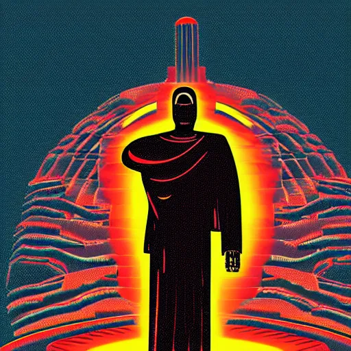 Prompt: detailed comic style illustration of robotic cyborg christ the redeemer statue, in front of a nuclear explosion, cyberpunk, retro-futurist, dark