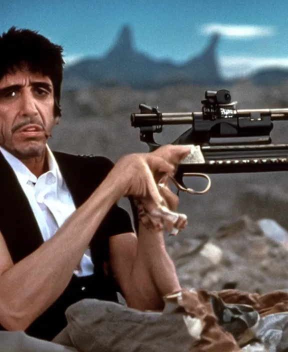 Image similar to extreme long shot. tony montana from movie scarface 1 9 8 3. staying with m 1 6 riffle. table with mountains of cocaine in background. al pacino. perfect symmetric face, coherent eyes, fine details, 4 k, ron cobb. cinestill