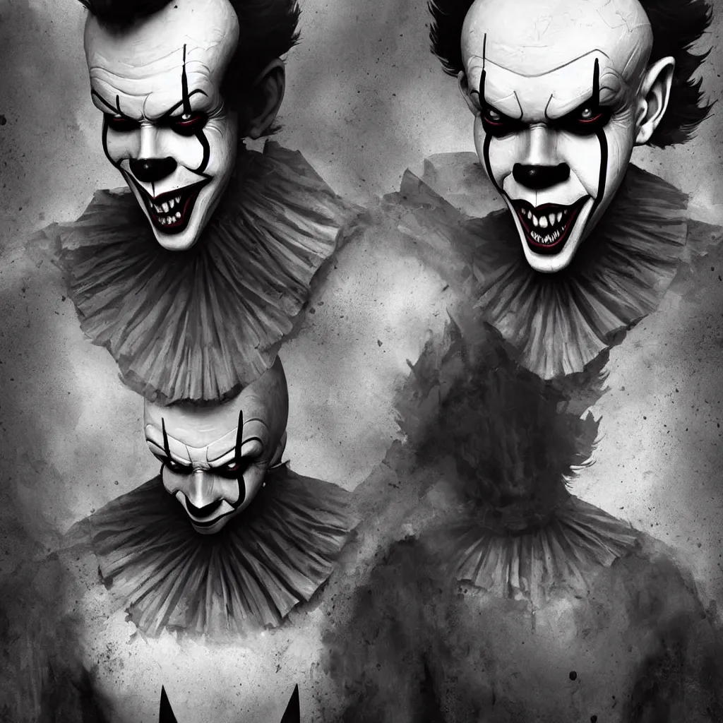 Prompt: symmetry of pennywise mixed with batman from neil gaiman, rpg reference, art by greg rutkowski, artgerm, trending on artstation, octane render, insanely detailed, 8 k, hd