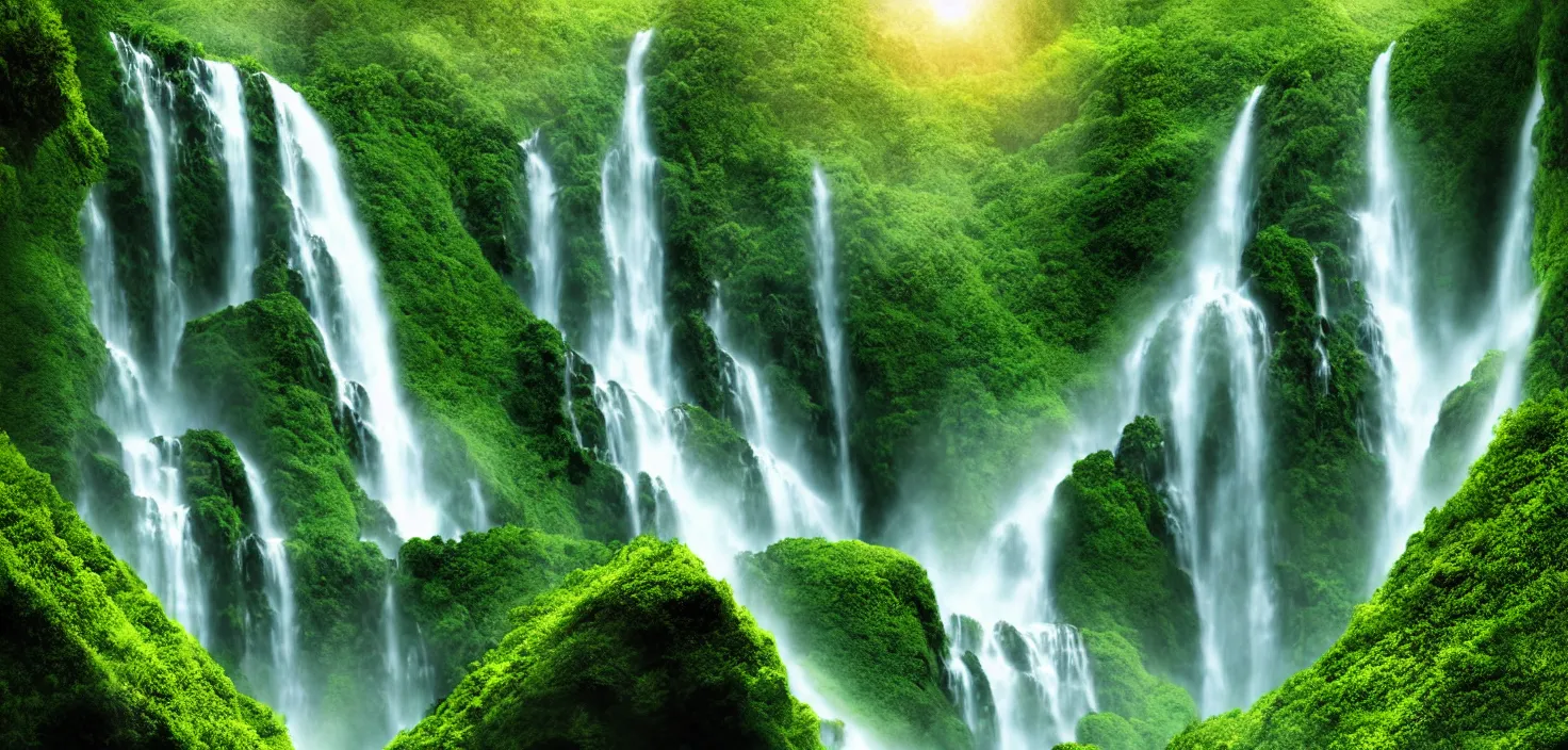 Prompt: a large waterfall in the middle of a green valley, vector art, a detailed matte painting by jacob willemszoon de wet, shutterstock contest winner, naturalism, sense of awe, national geographic photo, unreal engine