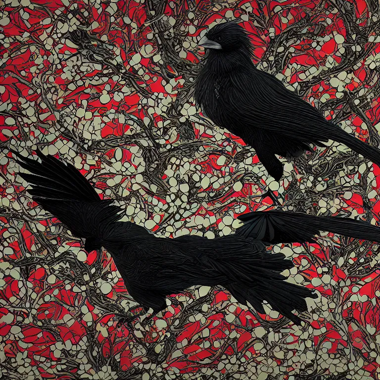 Image similar to black raven bird, james jean style, utagawa kunisada style, vfx art, unreal engine render, claymation style, colourful, volumetric light, digital painting, digital illustration, dramatic light,