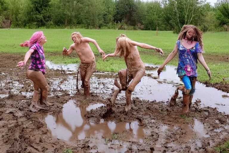 Image similar to hippies playing in a mud puddle