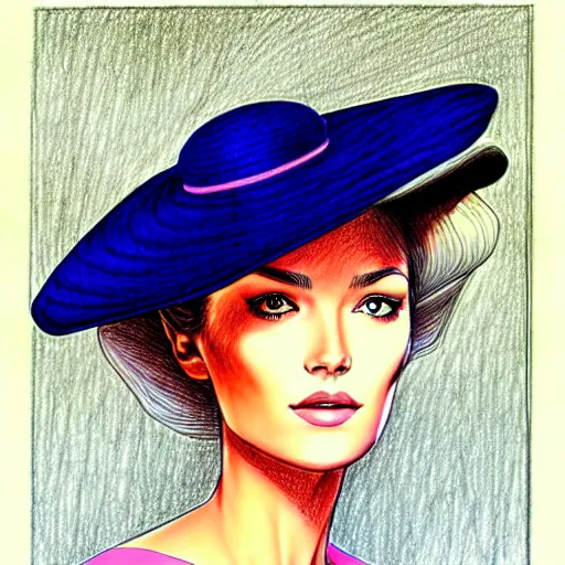 Image similar to drawing portrait of beautiful gorgeous woman with hat by Moebius science fiction