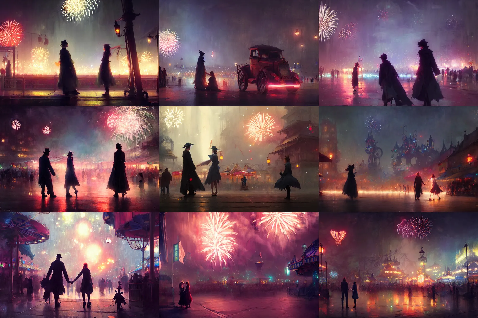 Prompt: two people find love at the witchlight carnival travelling temporary small amusement park, fireworks romantic, night time, high octane filter, 8 k, highly detailed, digital painting, concept art, matte, art by ruan jia and wlop and greg rutkowski and makoto shinkai, masterpiece
