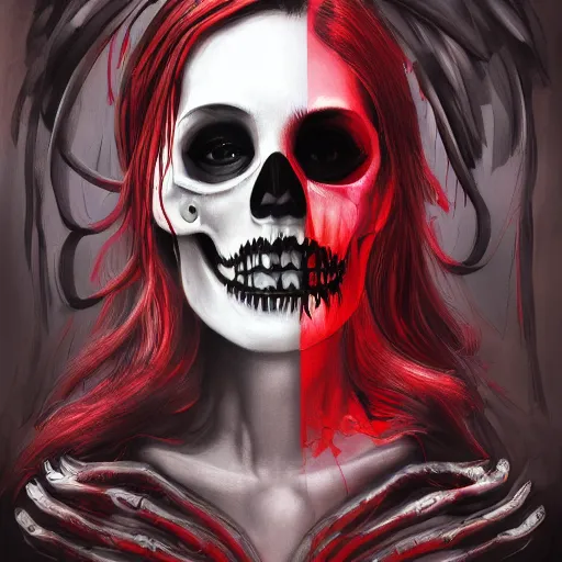 Image similar to Female death holding a ((red and black skull)), kodachrome, high contrast, highly detailed, sharp focus, digital painting, concept art, illustration, trending on artstation