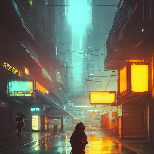 Prompt: cyberpunk streets at night with thick yellow smog, concept art by Greg Rutkowski, hyperdetailed, hyperrealistic, cinematic lights, octane render, trending on artstation, artstationHD, artstationHQ, unreal engine, 4k