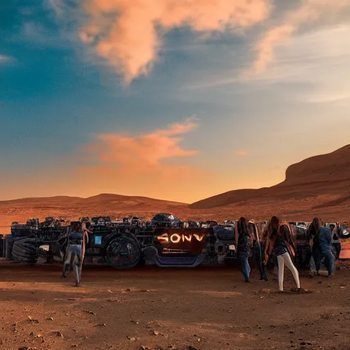 Image similar to 4 k hdr wide angle sony a 7 photo of a stainless steel shiny cybertruck surrounded by a mob of beautiful instagram model women protestors on mars during a blue martian sunset