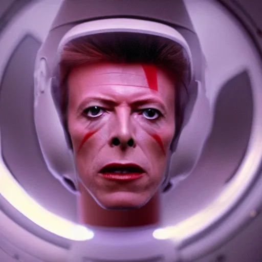 Image similar to film still of David Bowie as David Bowman in 2001 a space odyssey, 4k