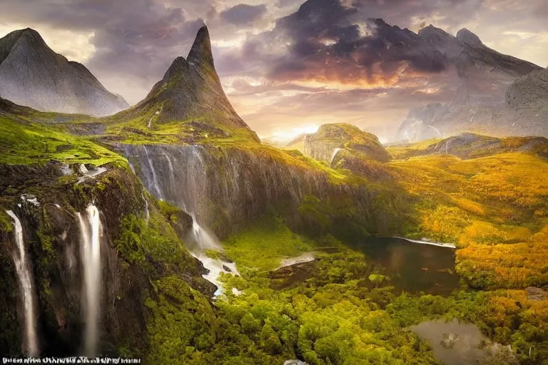 Image similar to Gediminas Pranckevicius amazing landscape photo of mountains of Norway with lake and castle on top of a waterfall with infinite view at sunset by marc adamus beautiful dramatic lighting ,