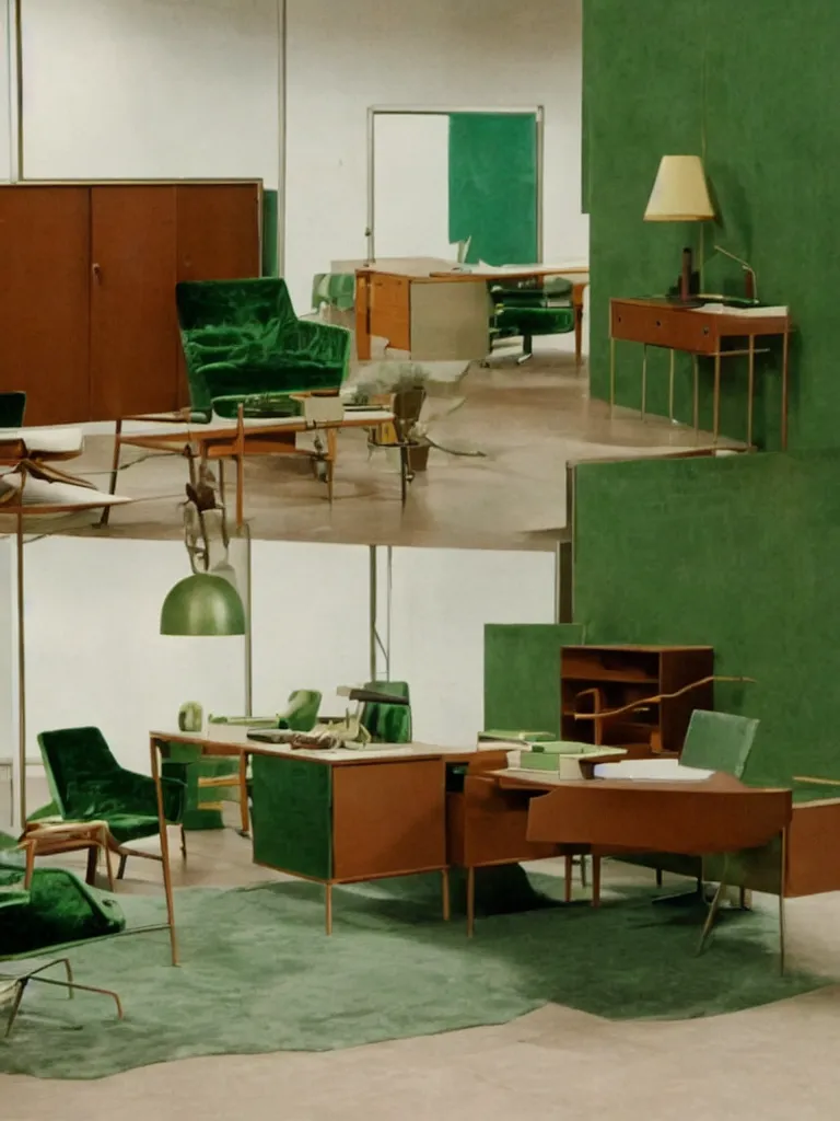 Image similar to a still of severance series ( 2 0 2 2 ) indoor 7 0 s green velvet and wood with metal furniture office scenario appearing in a film of jacques tati