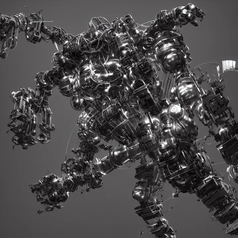 Image similar to aerial view of a robot constructing a big black man with long curly hair, 3d render, dim volumetric lighting, 8k octane beautifully detailed render, post-processing, extremely hyperdetailed, intricate futuristic mechanic parts, epic composition, cinematic lighting, trending on artstation