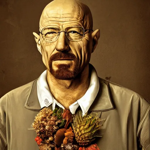 Image similar to giuseppe arcimboldo, walter white, full body shot, studio lightning