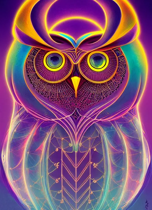 Image similar to symmetry!! product render poster vivid colors divine proportion owl, divine, glowing fog intricate, elegant, highly detailed, digital painting, artstation, concept art, smooth, sharp focus, illustration,