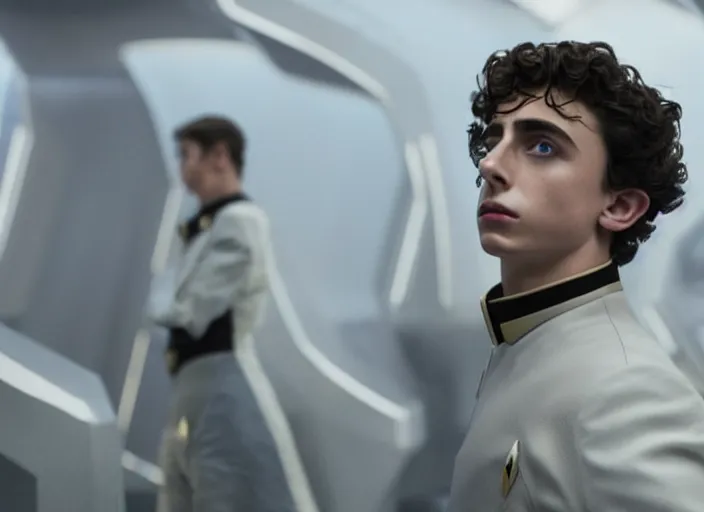 Image similar to Timothée Chalamet plays as captain in Star Trek Discovery, engine room and warp core in the background, 35mm photography, highly detailed, cinematic lighting, 4k