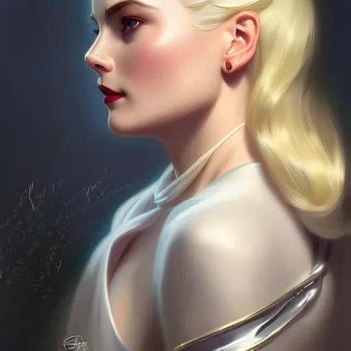 Image similar to Grace Kelly with platinum blonde hair as 2B, western, D&D, fantasy, intricate, elegant, highly detailed, digital painting, artstation, concept art, matte, sharp focus, illustration, art by Artgerm and Greg Rutkowski and Alphonse Mucha