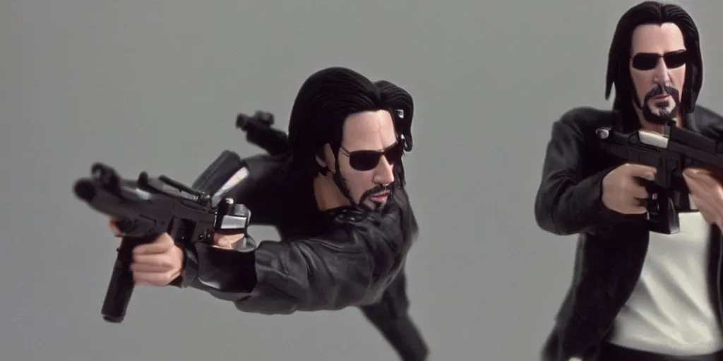 Image similar to beautiful hyperrealism three point perspective film still of Keanu Reeves as neo with machine gun in a motorcycle chase scene in Matrix(1990) extreme closeup portrait in style of 1990s frontiers in translucent porclein miniature street photography seinen manga fashion edition, miniature porcelain model, focus on face, eye contact, tilt shift style scene background, soft lighting, Kodak Portra 400, cinematic style, telephoto by Emmanuel Lubezki