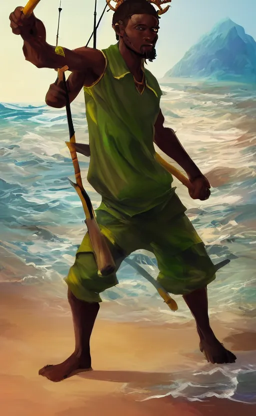 Image similar to character concept of a singular Jamaican man wearing jamaican clothing and holding a fishing-rod weapon and posing in a battle stance in the Jamaican sea by Ross Tran, style of League of Legends