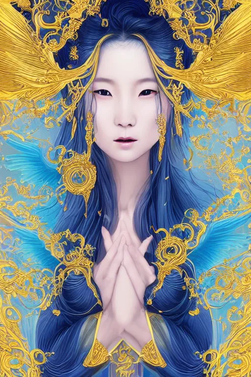 Image similar to a beautiful young Asian woman, Queen of the Sea Mu Yanling, long flowing white hair, blue and yellow robe that resembles floating wings, water flowing and floating around, young female face, liquid magic, cinematic top lighting, insanely detailed and intricate, face by wlop, Charlie Bowater, golden ratio, symmetrical proportions, elegant, ornate, luxury, elite, matte painting, MTG, magic the gathering, trending on artstation, cinematic, cgsociety, 8k, high resolution,