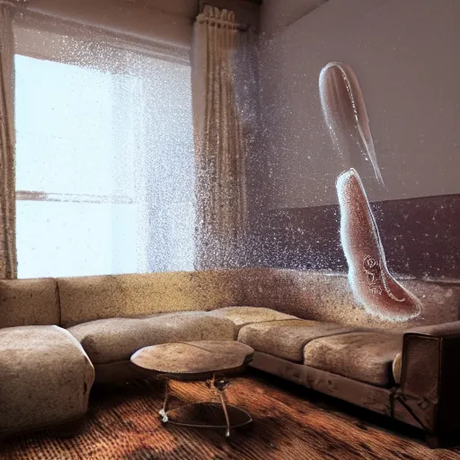 Image similar to a whole bunch of jellyfish smeared on the sofa in the living room, realistic, hdr, clear image, hdd, dynamic lighting, rtx on,