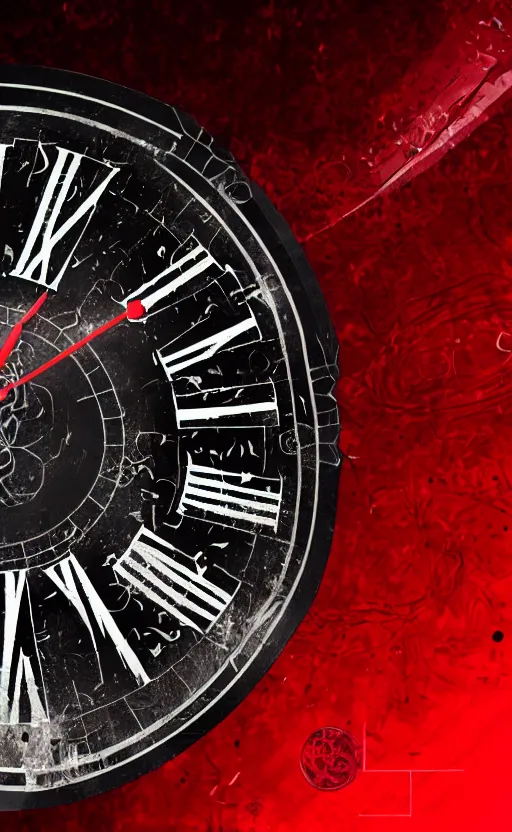 Image similar to a melting Roman numeral clock, behind a red and black gradient background, awith a black heart shaped on the top left corner and a black diamond card shape in the bottom right corner, dynamic lighting, photorealistic fantasy concept art, trending on art station, stunning visuals, cinematic, creative, ultra detailed