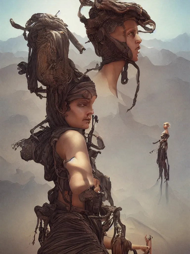 Image similar to a stunning hyperrealistic character from the movie Dune walking through an arid minimalistic desert with harsh noon sunlight with an oasis in the background, award-winning, masterpiece, in the style of Tom Bagshaw, Cedric Peyravernay, Peter Mohrbacher