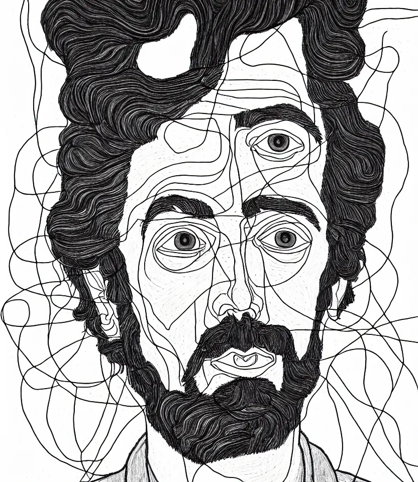 Image similar to detailed line art portrait of alan watts, inspired by egon schiele. caricatural, minimalist, bold contour lines, musicality, soft twirls curls and curves, confident personality, raw emotion