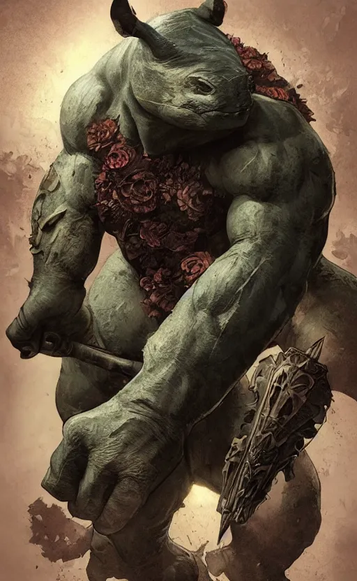 Image similar to rocksteady from tmnt, rhino, rugged, handsome, male, detailed face, clean lines, atmospheric lighting, amazing, full body, thighs, flowers, muscular, intricate, highly detailed, digital painting, deviantart, concept art, sharp focus, illustration, art by greg rutkowski and alphonse mucha