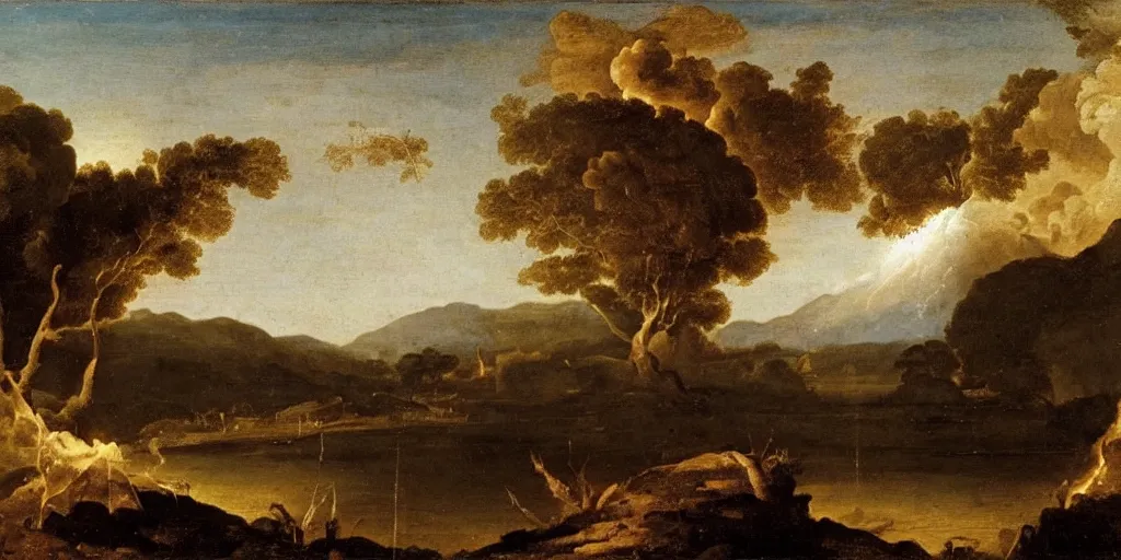 Image similar to an exploding volcano seething, ethereal landscape, claude lorrain pastoral landscape